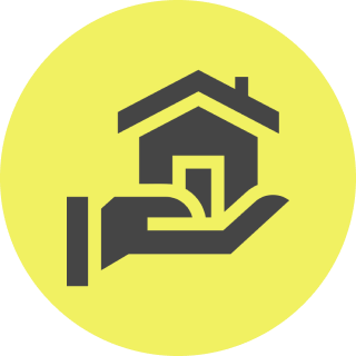 Hand holding a house icon, yellow background.