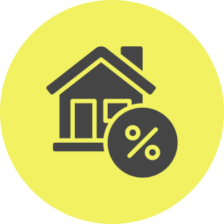 House with percentage symbol on yellow background.