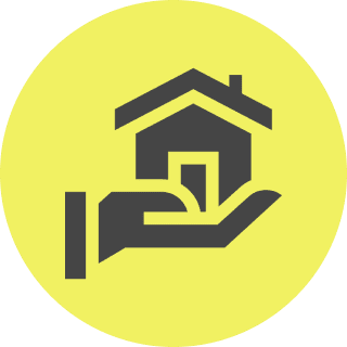 Hand holding a house icon, yellow background.