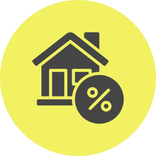 House with percentage symbol on yellow background.